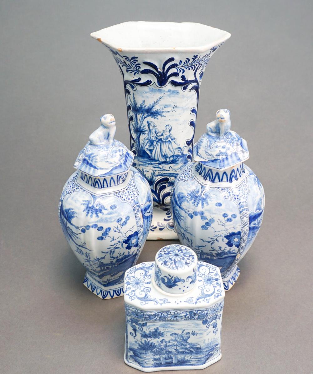 FOUR DELFT CHINOISERIE DECORATED