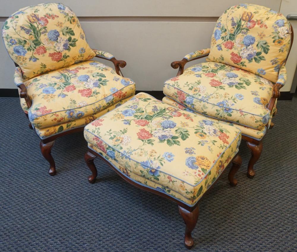 PAIR LOUIS XV STYLE FLORAL UPHOLSTERED