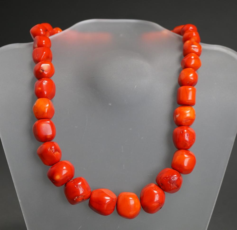 SILVER AND CORAL BEAD NECKLACE,