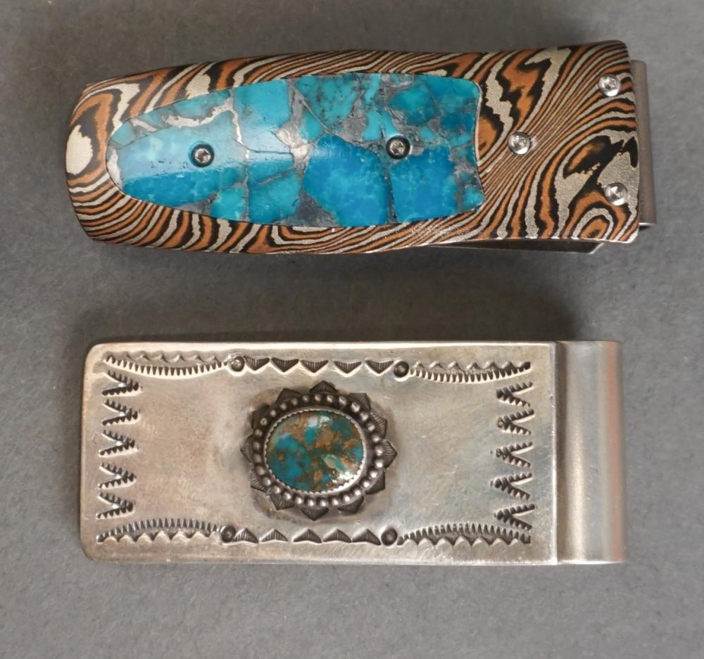 TWO TURQUOISE MOUNTED MONEY CLIPS: