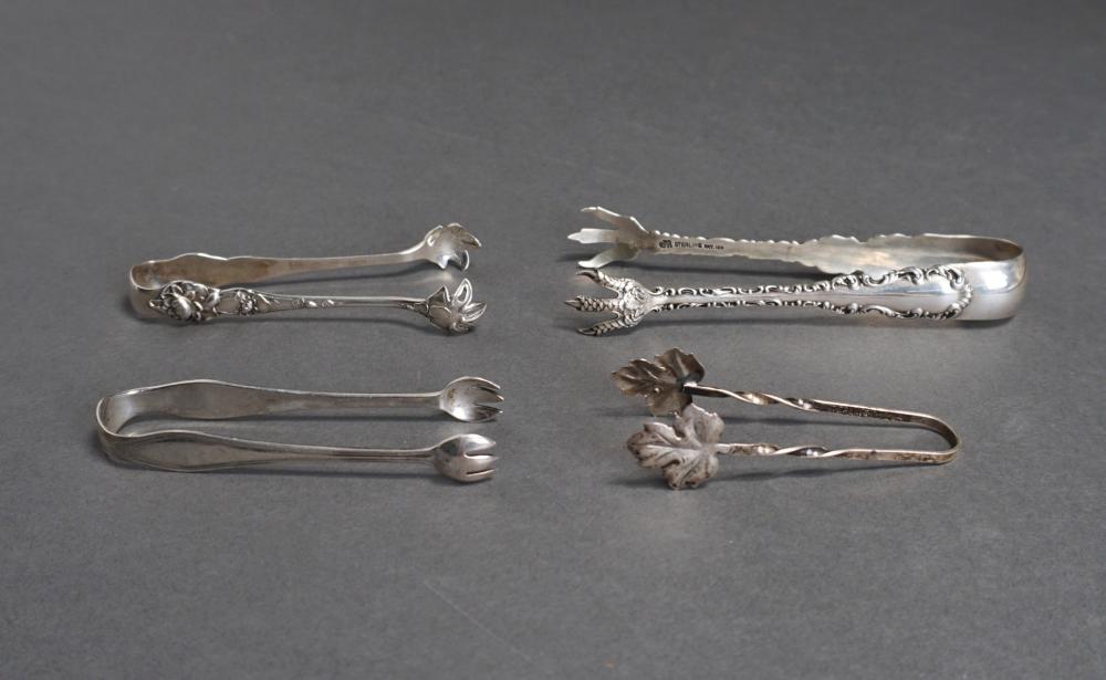 FOUR STERLING SILVER SUGAR TONGS,