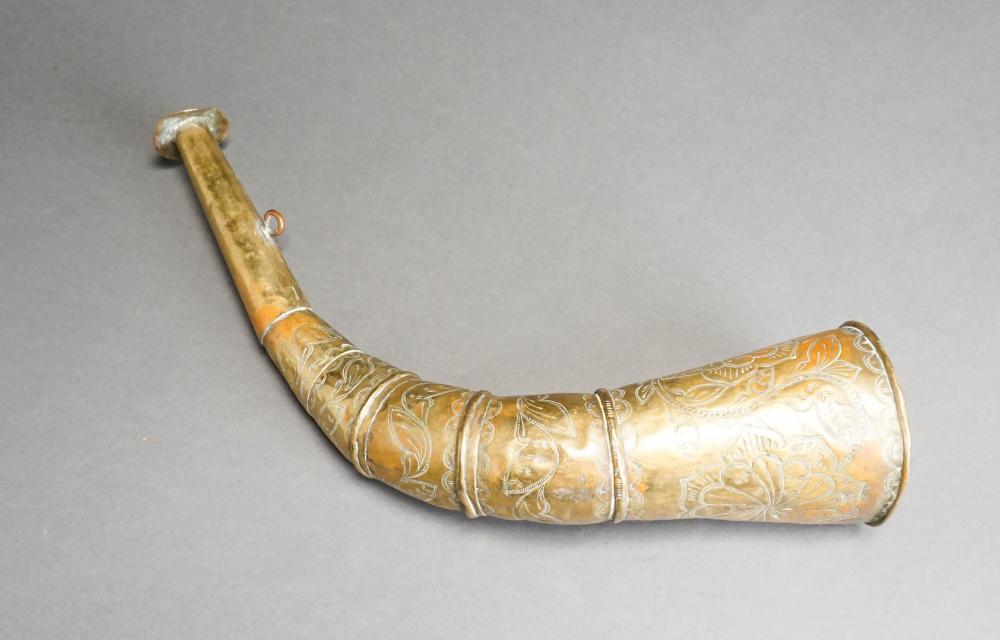 DECORATED BRASS LARGE POWDER HORN,