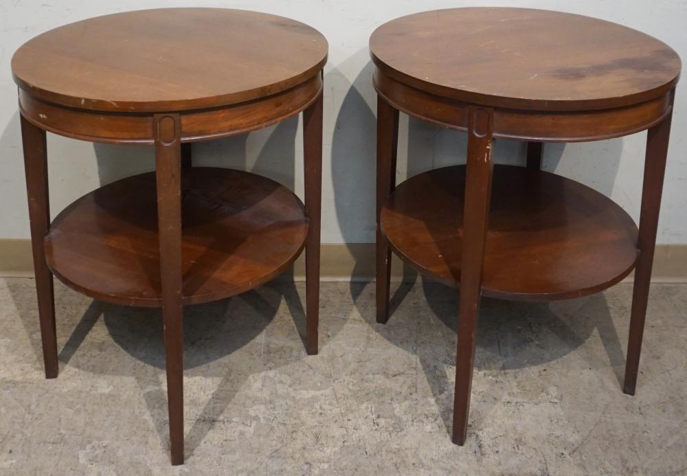 PAIR MAHOGANY ROUND TWO-TIER LAMP TABLES,