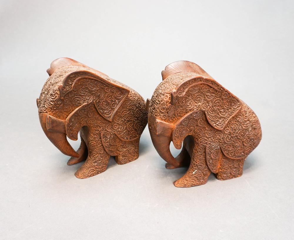 PAIR INDIAN CARVED SANDALWOOD ELEPHANTS,