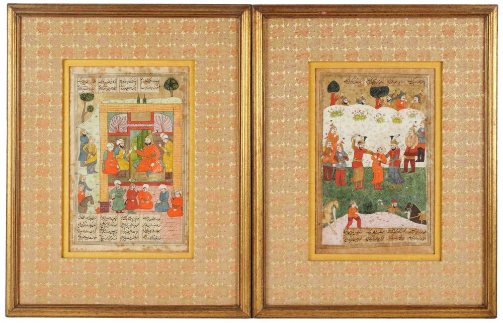 PAIR OF INDIAN FRAMED MANUSCRIPT PAGEScolors