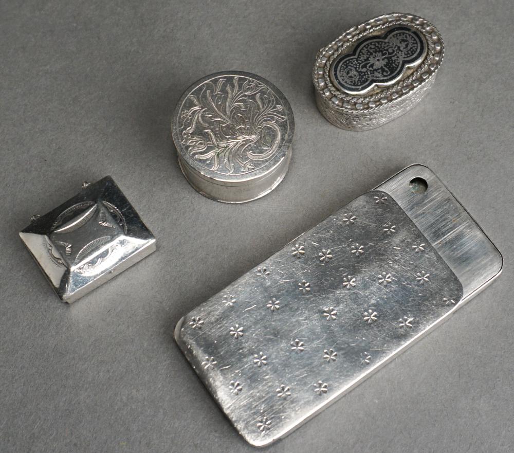 FOUR STERLING SILVER PILL BOXES,