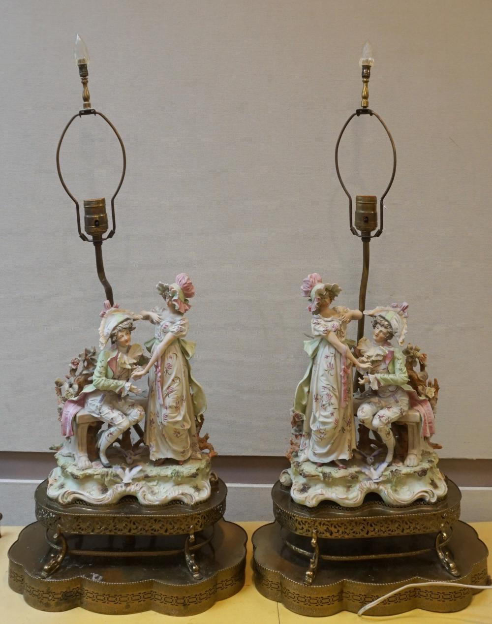 PAIR PORCELAIN FIGURAL GROUPS MOUNTED 32e1b7