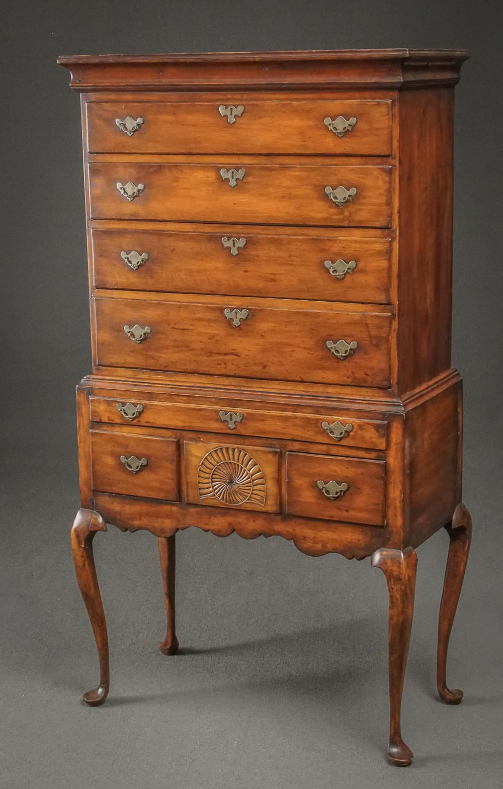 QUEEN ANNE SYCAMORE FLAT TOP HIGHBOY,