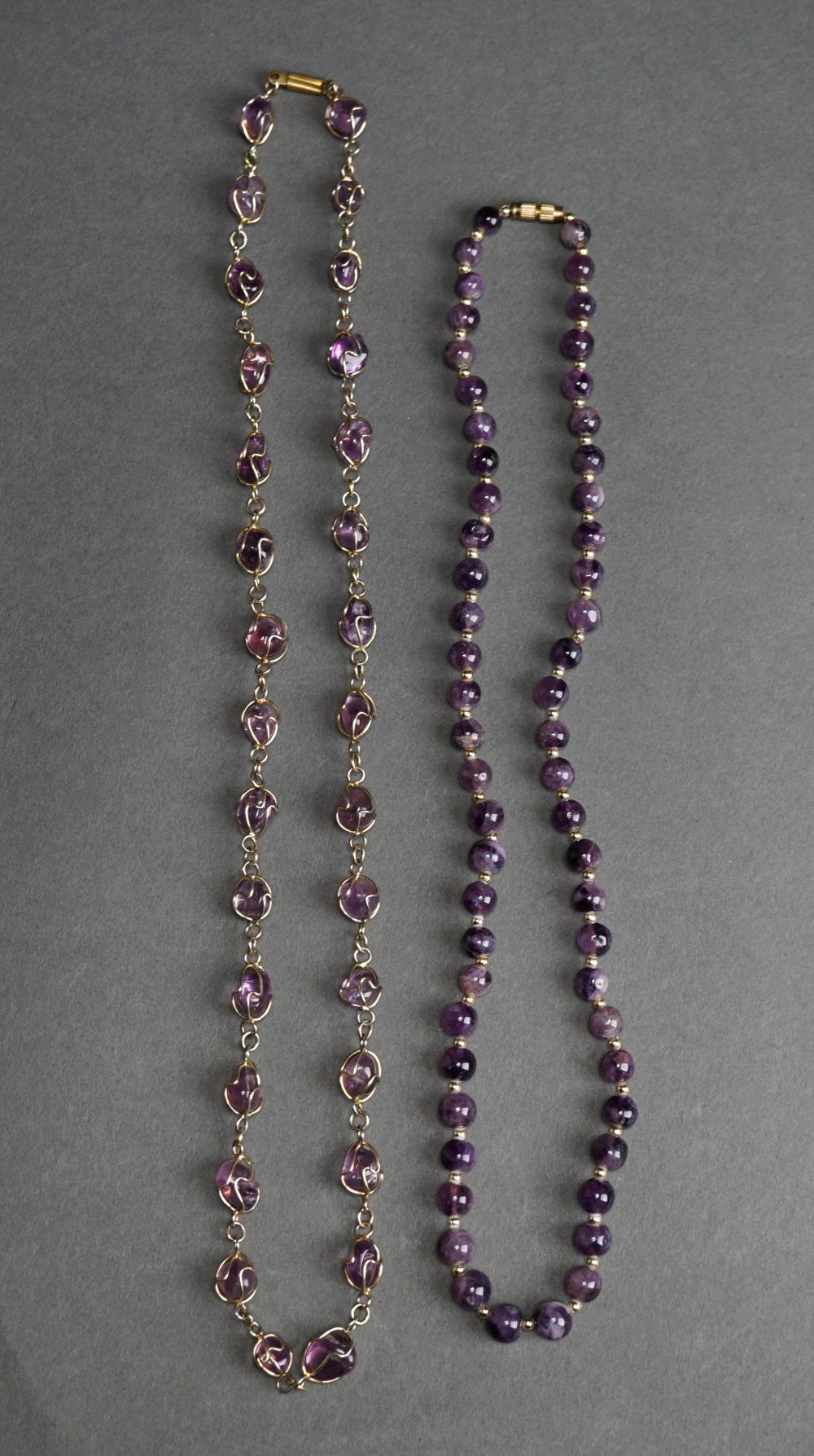 TWO AMETHYST BEAD NECKLACES, LONGER: