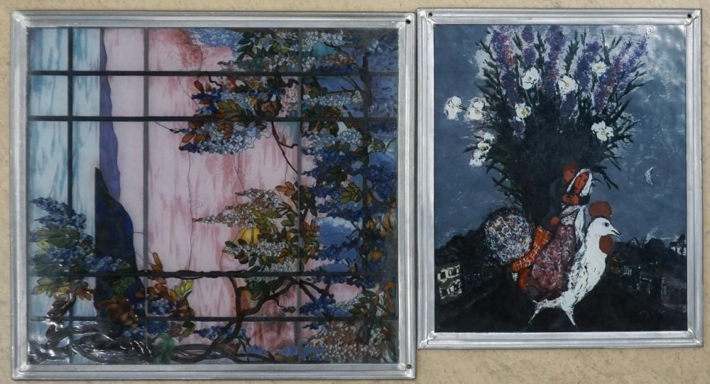 TWO STAINED GLASS PANELS, FRAME