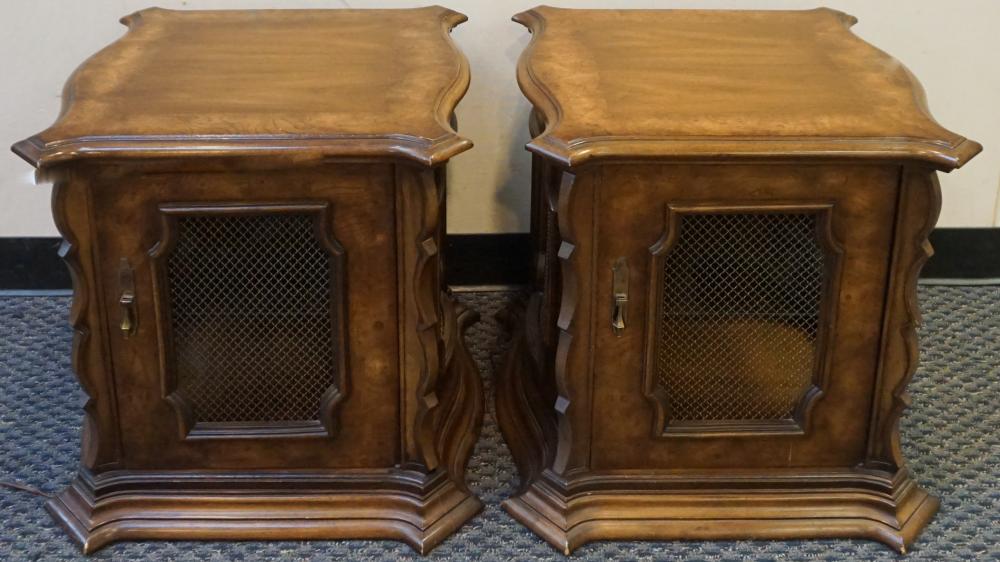 PAIR FRUITWOOD AND WIRE SIDE TABLES  32e52c