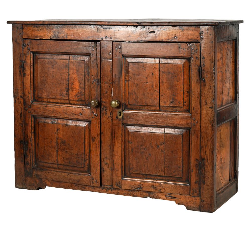 PANELED OAK SIDE CABINETwith brass