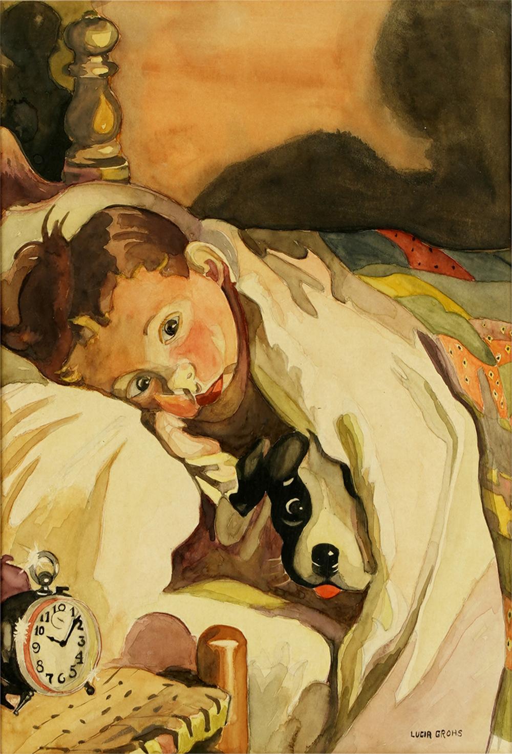 LUCIA GROHS: CHILD WITH DOGwatercolor