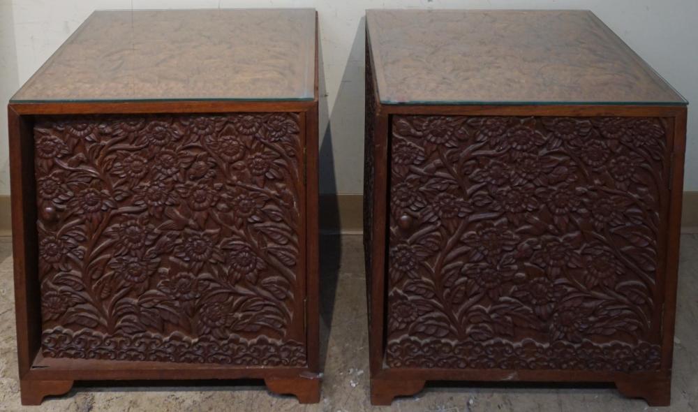 PAIR CHINESE CARVED TEAK SIDE CHESTS,