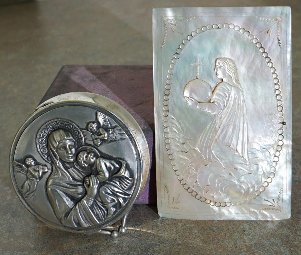 MOTHER-OF-PEARL RELIGIOUS ICON AND SILVERPLATE