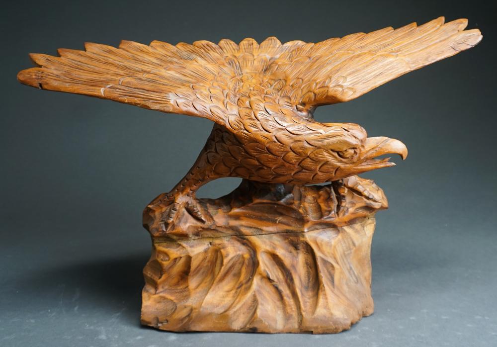 CARVED WOOD FIGURE OF PERCHED EAGLE,