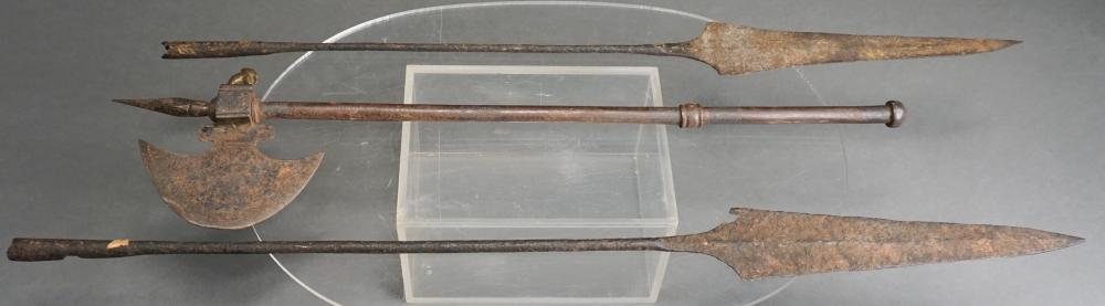 TWO IRON SPEAR HEADS AND A SMALL 32ea78