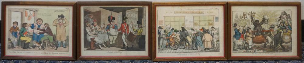 FOUR BRITISH SATIRICAL COLOR ENGRAVINGS,