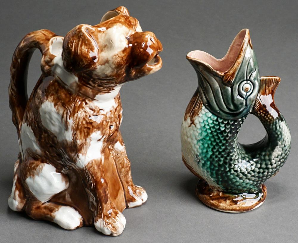 TWO MAJOLICA FIGURAL PITCHERS,