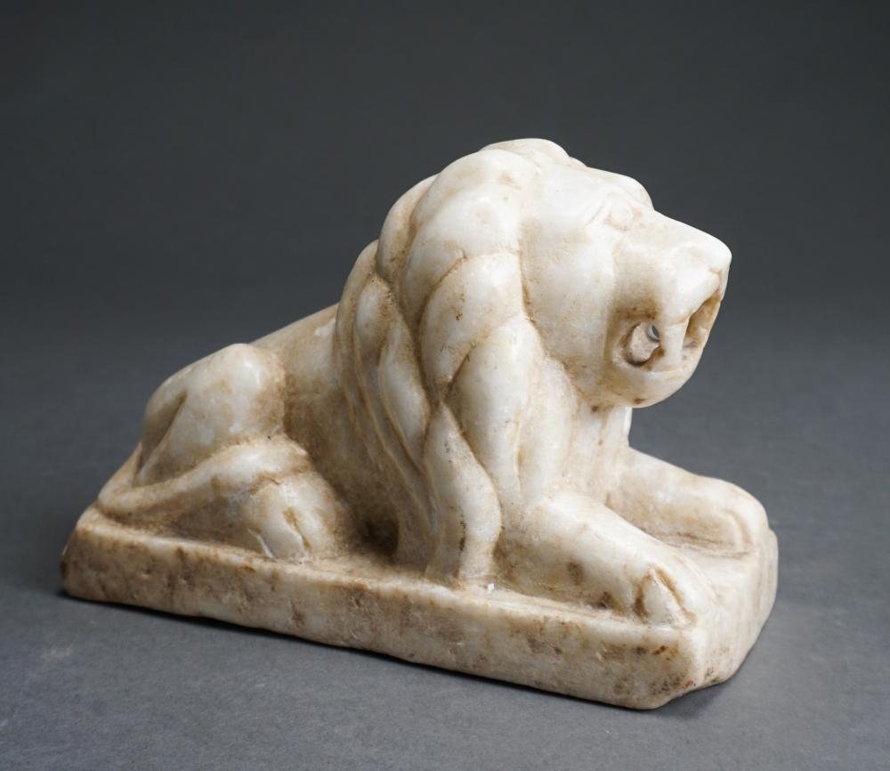 CARVED MARBLE RECUMBENT LION, L: