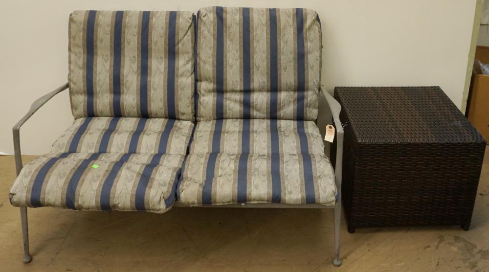 PAINTED METAL SOFA AND WICKER FOOTSTOOLPainted 32ec19