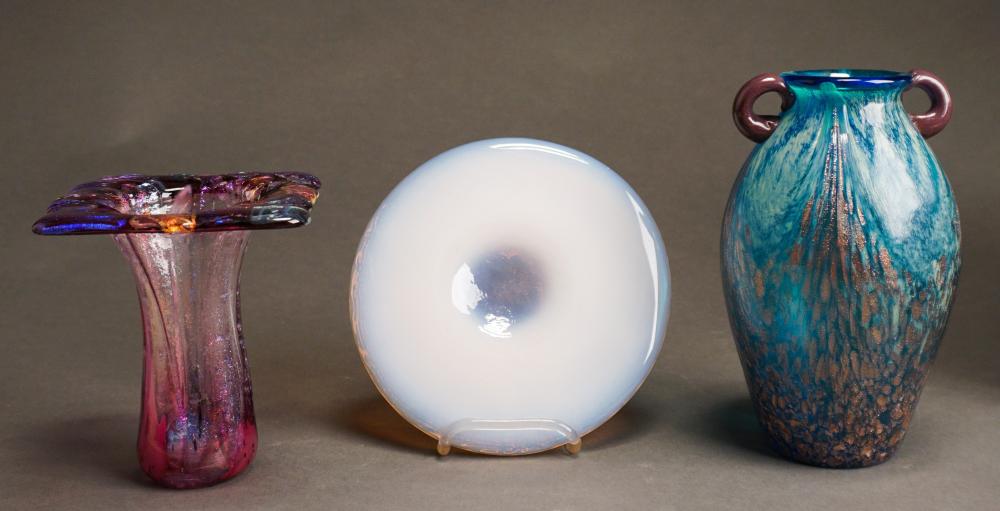 TWO ART GLASS VASES AND A COASTERTwo