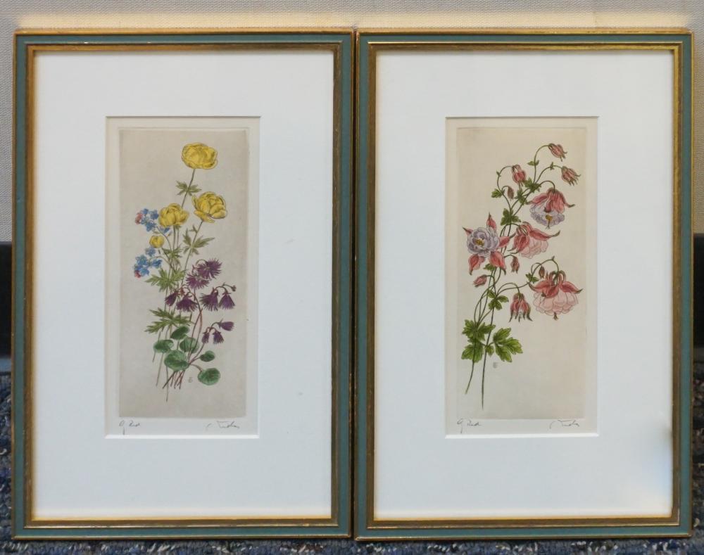 PAIR FLORAL ETCHINGS SIGNED L R  32eea7