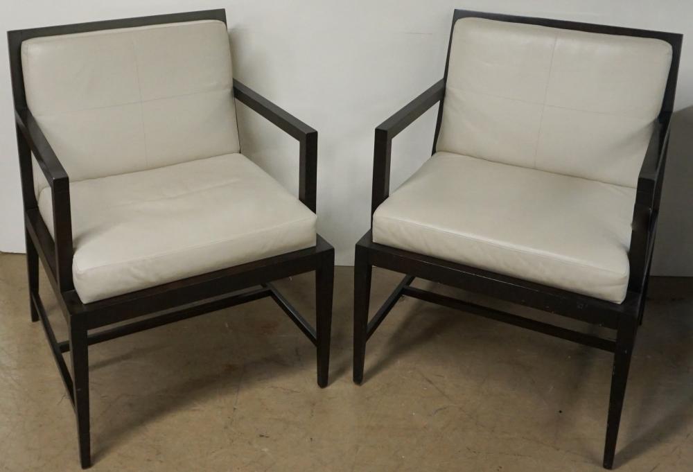 PAIR MAHOGANY BEIGE LEATHER UPHOLSTERED