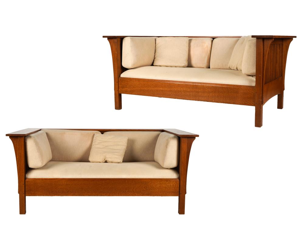 PAIR OF STICKLEY OAK SETTLESmodern;