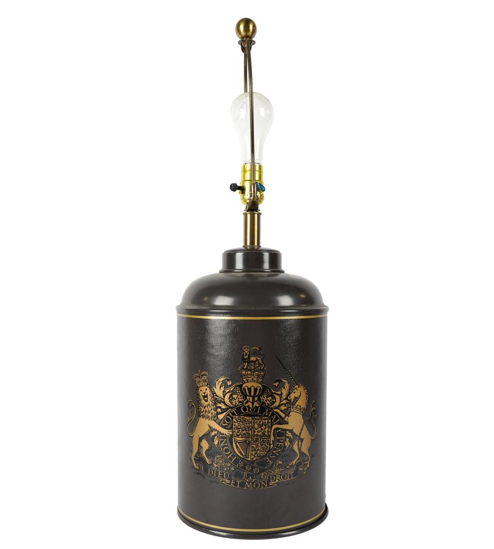 LEATHER-WRAPPED TOLE CANISTER LAMPdecorated