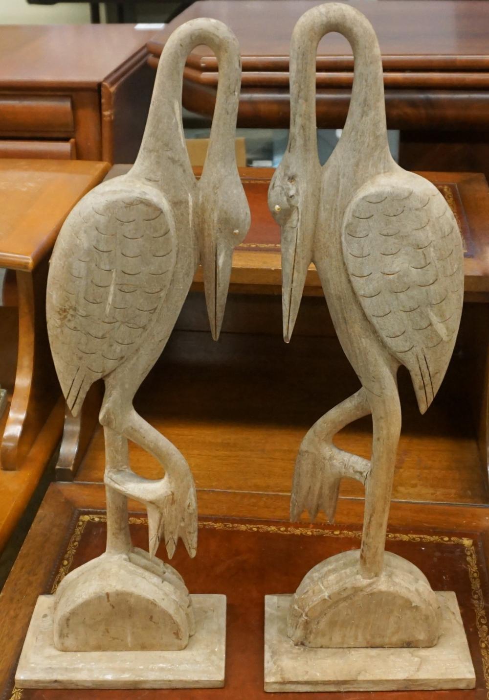 PAIR CARVED WOOD FIGURES OF CRANES  32f257