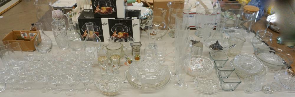 GROUP OF GLASS BARWARE AND TABLE