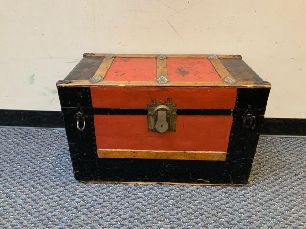 METAL MOUNTED RED PAINTED TRUNK
