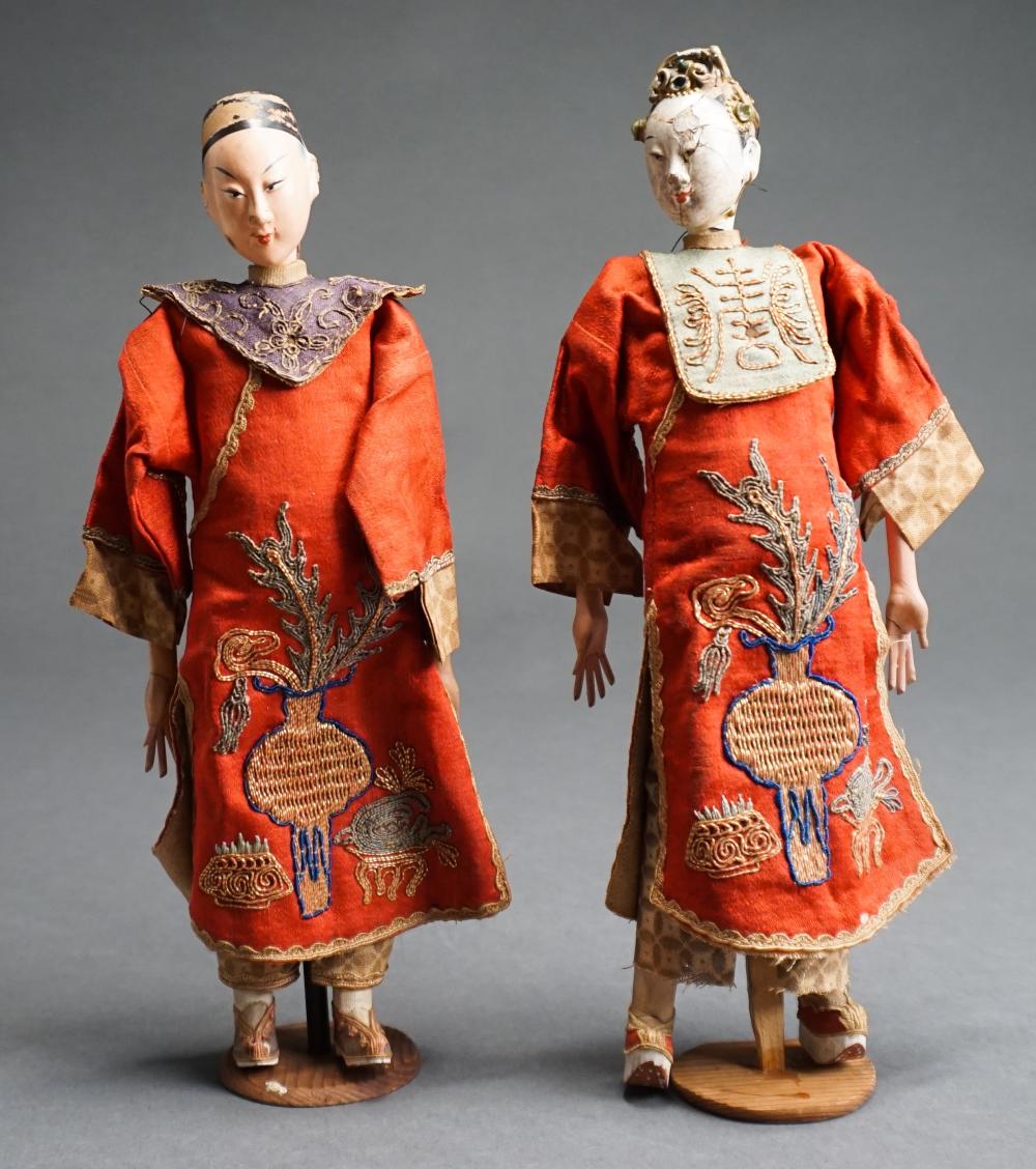 PAIR CHINESE DOLLS ON WOOD STANDS,