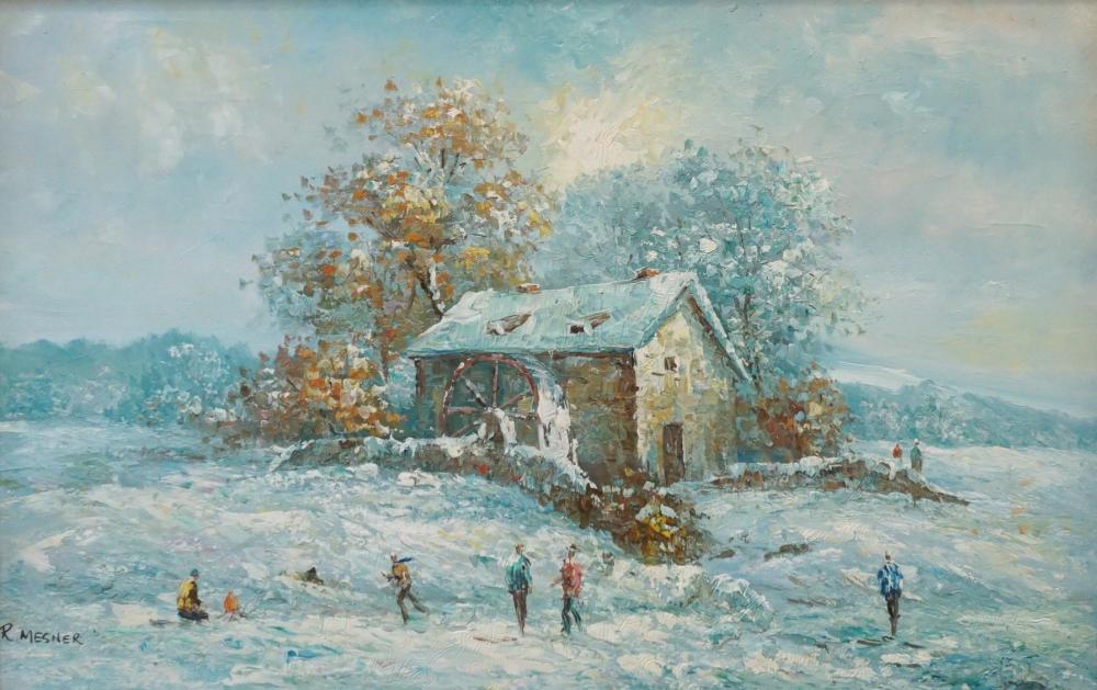 R. MESNER, SNOW DAY, OIL ON CANVAS,