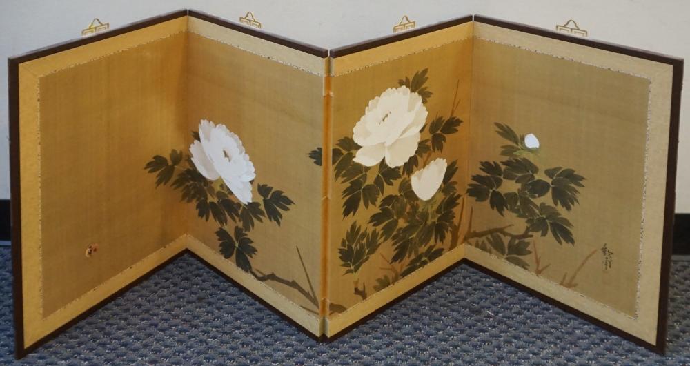 JAPANESE SILK FOUR FOLD TABLE SCREEN