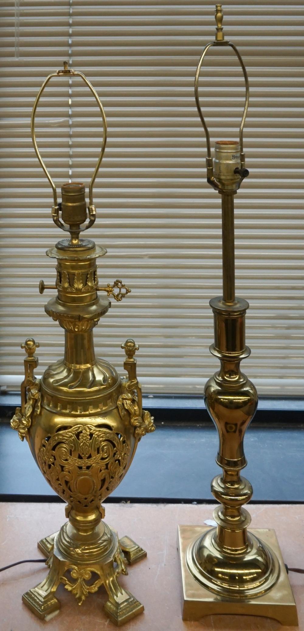 TWO BRASS TABLE LAMPS, H OF TALLER: