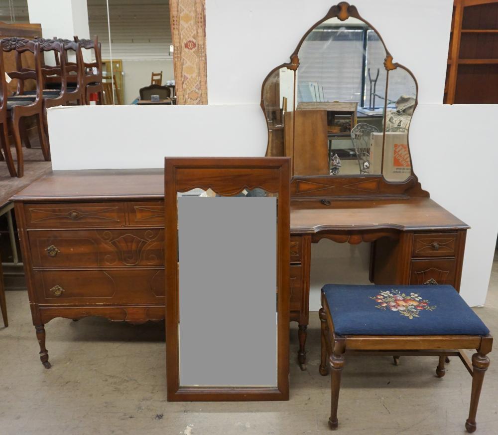 EARLY AMERICAN STYLE WALNUT CHEST, MIRROR,