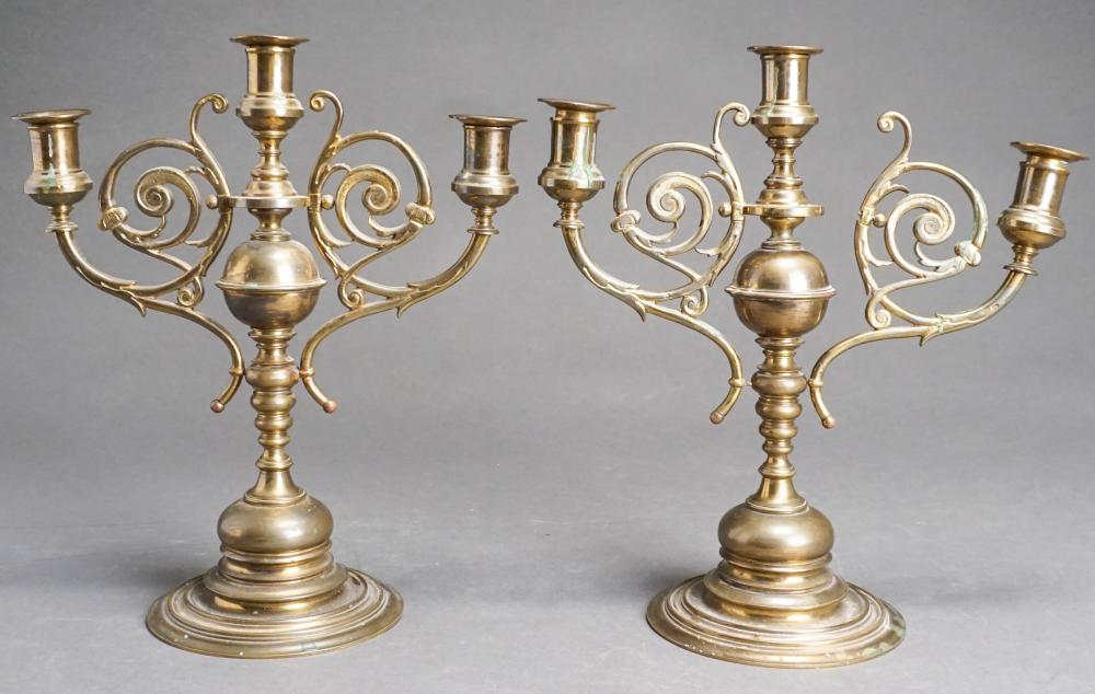 PAIR RENAISSANCE STYLE BRASS THREE-LIGHT