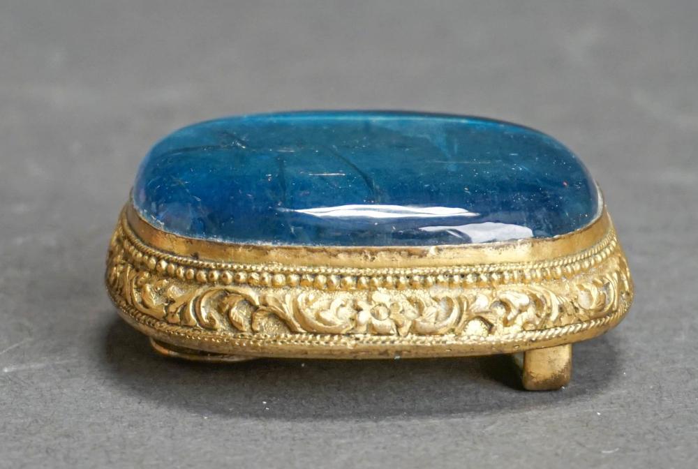 CHINESE GILT METAL AND BLUE GLASS
