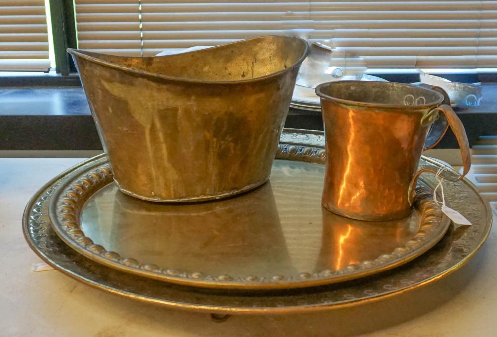 TWO BRASS ROUND TRAYS, BRASS BOWL AND