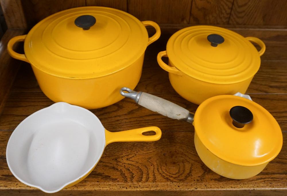 THREE YELLOW LE CREUSET ENAMEL POTS