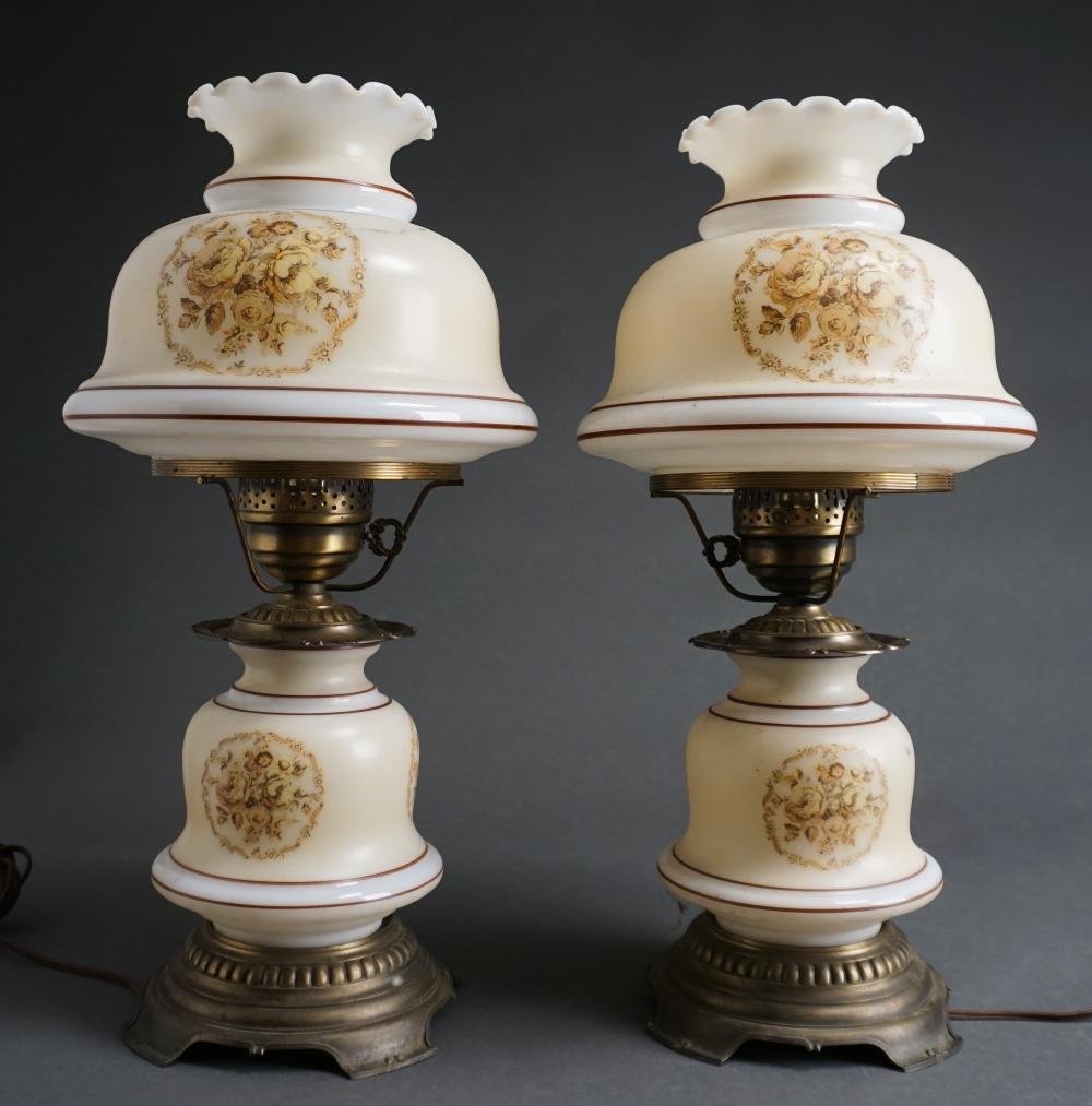 PAIR PAINTED MILK GLASS TABLE LAMPS  32d446