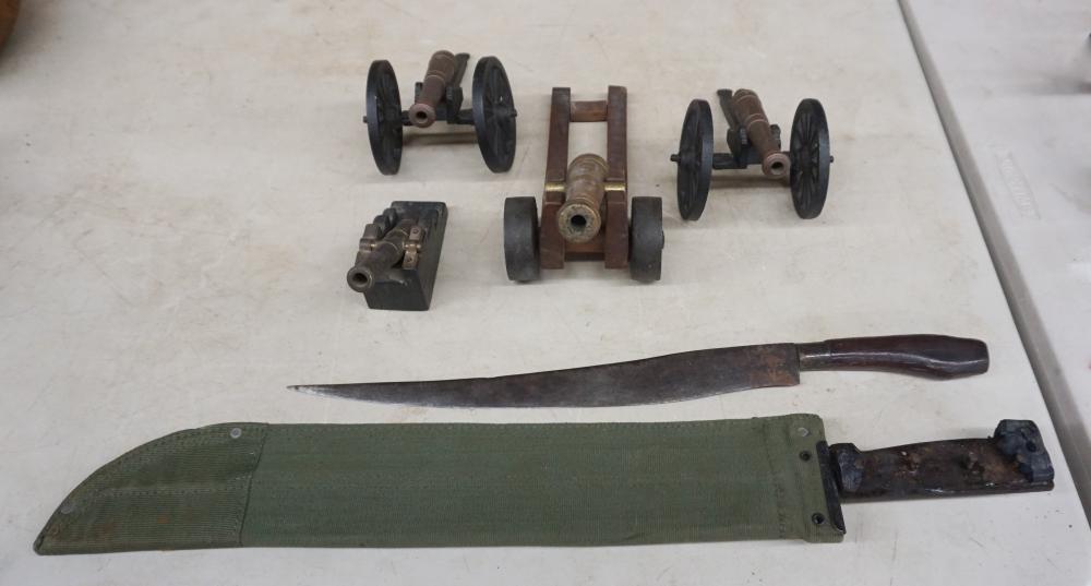 FOUR BRASS CANON MODELS, A MACHETE AND