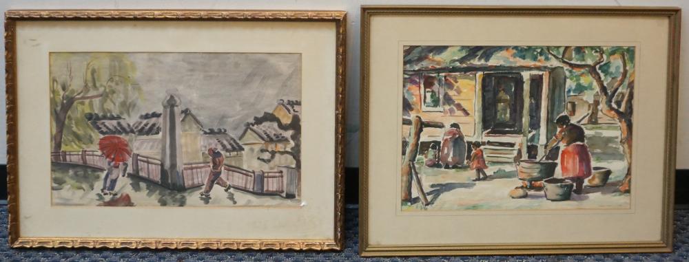 VILLAGE SCENES, TWO WATERCOLORS,