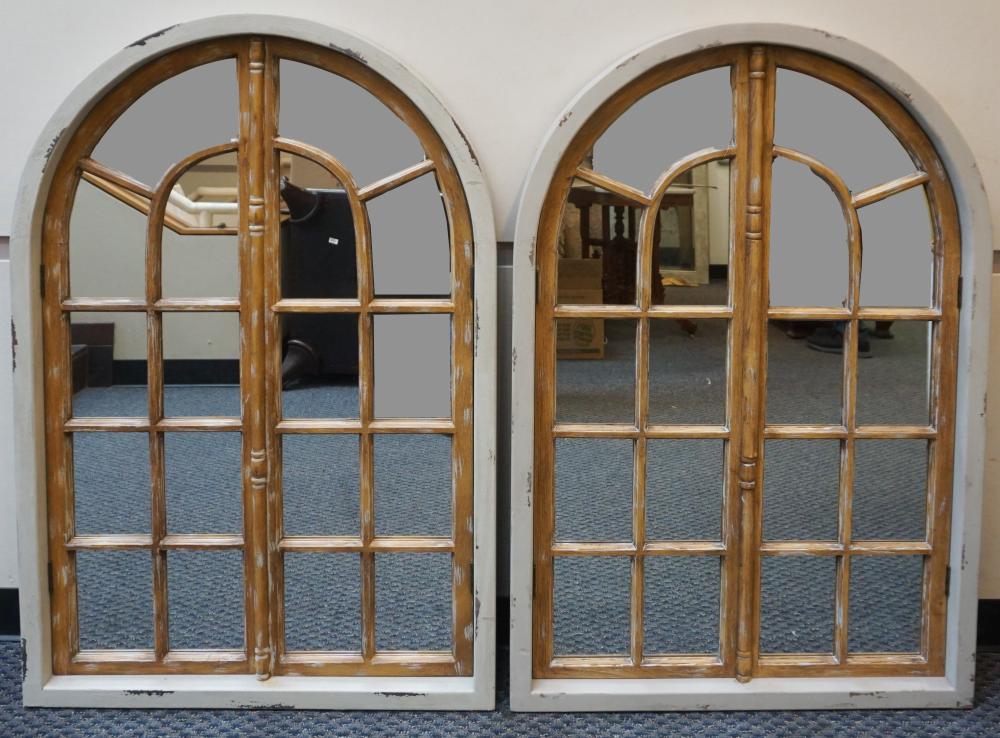 PAIR DISTRESSED ARCH WINDOWPANE MIRRORS