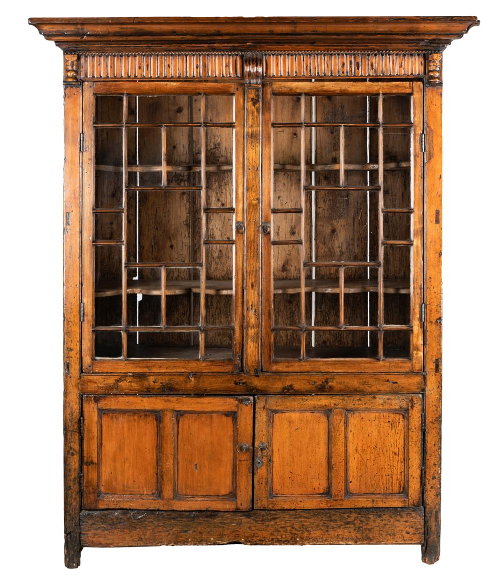 ANTIQUE STAINED PINE GLAZED CABINETthe