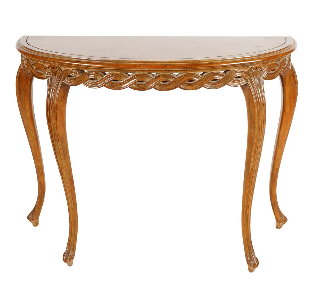 CARVED WOOD DEMILUNE CONSOLE TABLElate