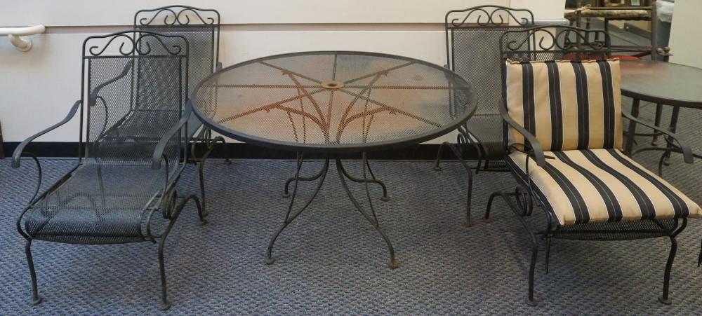 WROUGHT IRON TABLE AND FOUR CHAIRS,