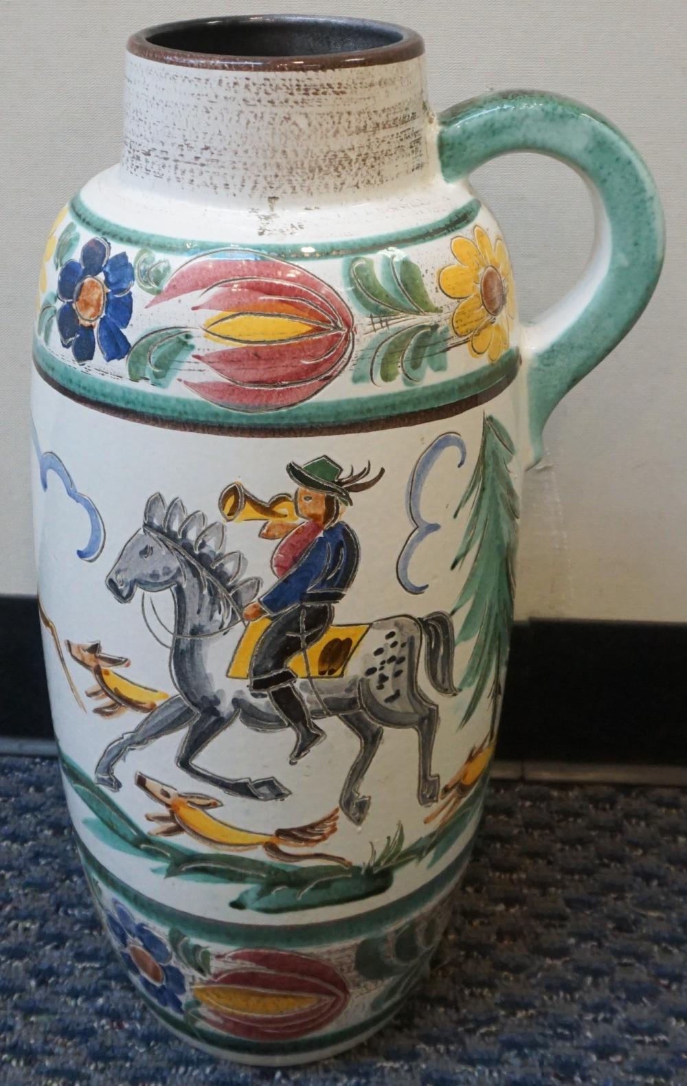 GERMAN PAINTED CERAMIC PITCHER, H: 21